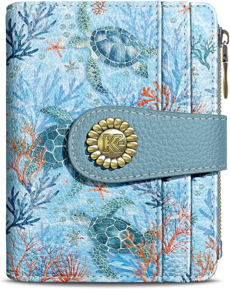 Kelvoris Sea Turtle Small Rfid Women Wallet Bifold Zipper Coin Pocket PU Leather Compact Cash Credit Card Holder Travel Wallet for Female Ladies Teen Girls 1 ID Window 10 Card Slots - Image 1